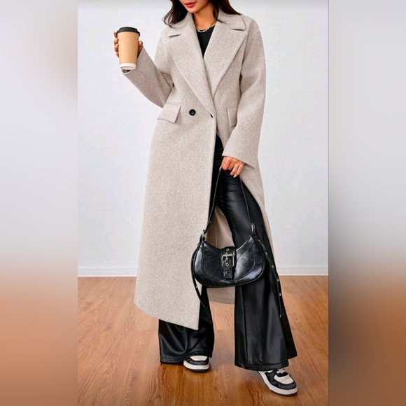 New Oversized Double Breasted Long Coat Jacket Cream Beige Tan - Picture 7 of 9